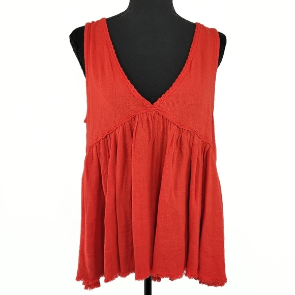 UMGEE Deep V Babydoll Sleevless Top Raw Hem Tie Back Tomatoe Red - Picture 2 of 7